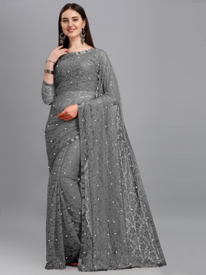 LOROFY Self Design Bollywood Net Saree(Grey)