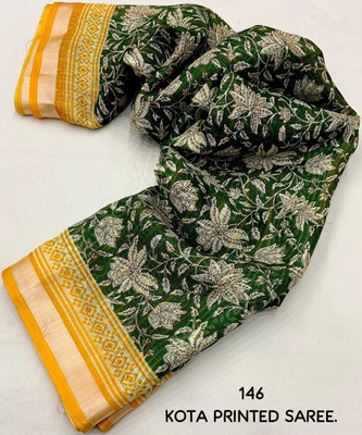 KKDFASHIONSTORE Floral Print, Hand Painted Kota Doria Polyester Saree(Green)