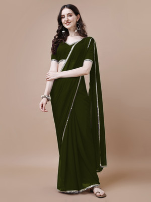 Rensa Solid/Plain, Self Design, Embellished Bollywood Georgette Saree(Light Green)