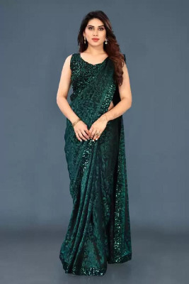 HarmishFashion Self Design Bollywood Lycra Blend Saree(Green)