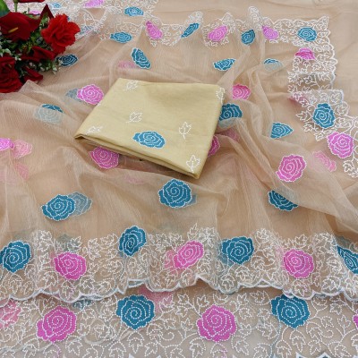 Saraswati Fab Printed, Embroidered, Embellished Banarasi Cotton Blend, Jute Silk Saree(Cream)
