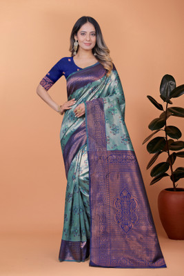 TRINETRA STUDIO Embroidered Banarasi Silk Blend Saree(Light Blue, Purple)