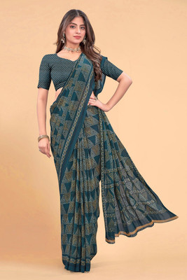 zamuna Geometric Print Daily Wear Georgette Saree(Light Green)