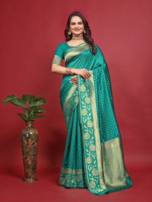 The Style Sanctuary Woven, Self Design Banarasi Silk Blend Saree(Green)