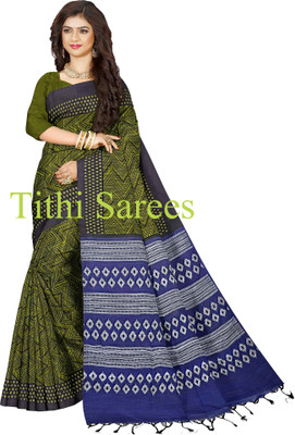 maadurga Printed Sambalpuri Cotton Blend Saree(Dark Green)
