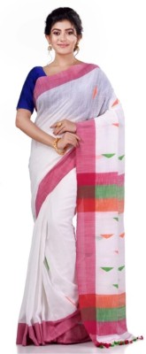 Krishneshwari Woven Handloom Pure Cotton Saree(White, Pink)