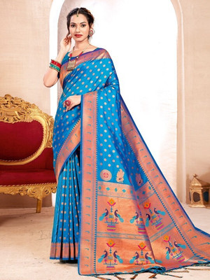 Divastri Woven, Digital Print Kanjivaram Cotton Silk Saree(Blue)