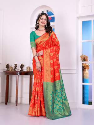 Sasta Bazar Printed Banarasi Silk Blend Saree(Orange)