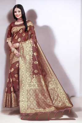 Pikham Self Design Banarasi Art Silk Saree(Brown)