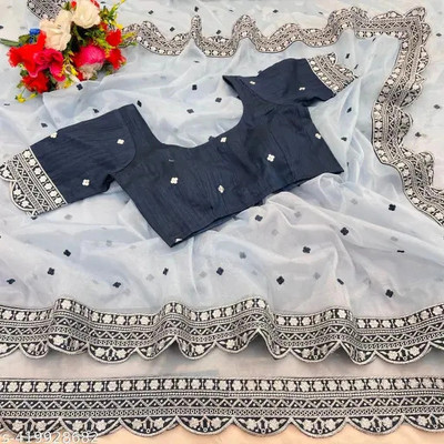 QUEDDY'S Embroidered Bollywood Net Saree(Blue)