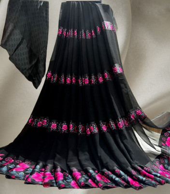 Bombey Velvat Fab Printed, Solid/Plain Mysore Crepe, Chiffon Saree(Black, Pink)