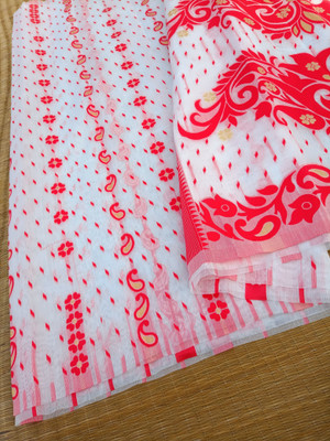 KhayaFashion Woven Jamdani Cotton Silk Saree(White, Red)