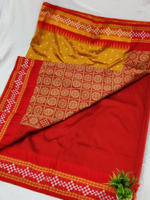 Sijileen Temple Border, Woven Sambalpuri Silk Blend Saree(Gold)