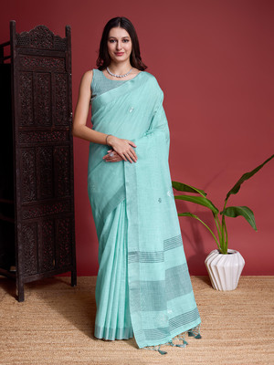 100 DREAMS Woven Handloom Linen Saree(Blue)