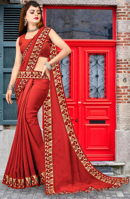 Offirra International Embroidered Banarasi Lycra Blend, Chiffon Saree(Red, Orange)