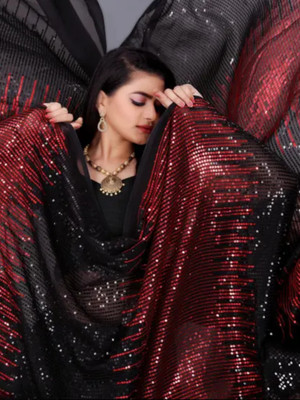 Clemira Checkered, Embellished Bollywood Georgette Saree(Red)