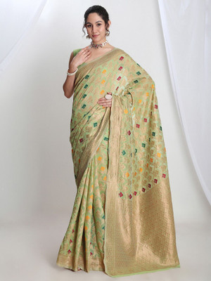 Janasya Woven Saree with Attached Blouse Linen Saree(Green)
