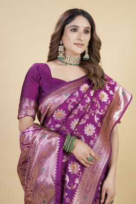 SATQ Woven, Floral Print Kanjivaram Cotton Silk Saree(Purple, Gold)