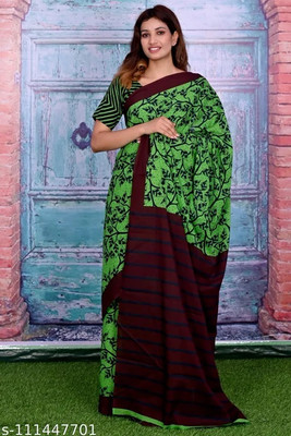 JAIPURI BLOCK PRINT Blocked Printed, Color Block, Dyed, Floral Print, Printed Daily Wear Pure Cotton Saree(Green)