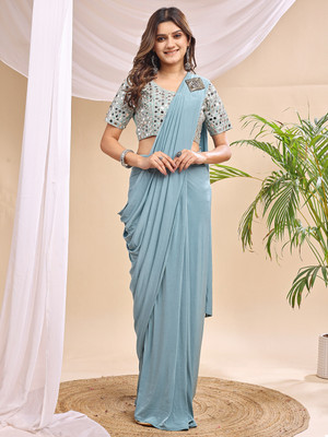 VRAJTEX FAB Solid/Plain Bollywood Lycra Saree(Blue)