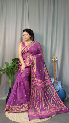 Pasum's Embroidered, Self Design Jamdani Pure Cotton Saree(Magenta)