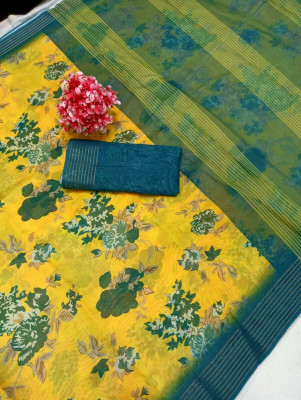 PRTRENDZ Printed Kanjivaram Chanderi, Pure Silk Saree(Yellow, Green)