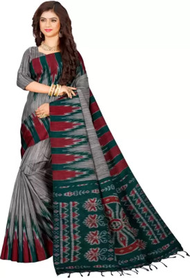 Maadurgas Printed Ikkat Cotton Blend Saree(Grey)
