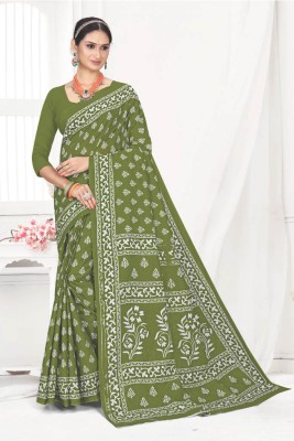 BOUTIQUO Blocked Printed Bollywood Pure Cotton Saree(Green)