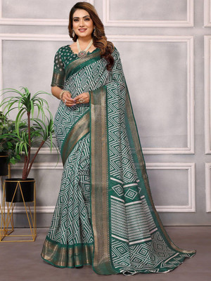 Moda Rapido Printed Bandhani Cotton Blend Saree(Green)