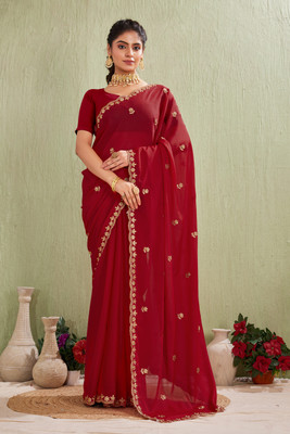 K.C Embroidered Bollywood Georgette Saree(Red)