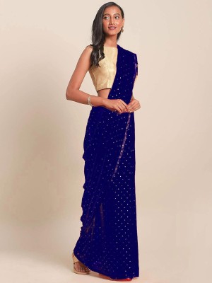 Desi Style Embellished Bollywood Velvet, Chiffon Saree(Gold, Blue)