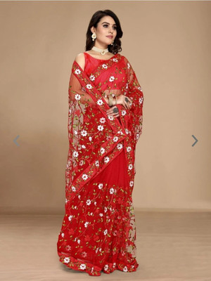 Verviza Embroidered, Self Design Bollywood Net Saree(Red)