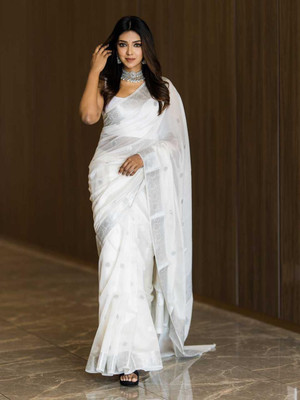 WOMENELEGENCE Embellished Banarasi Pure Silk Saree(White)