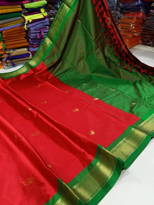 Fab Silk Embroidered Mysore Cotton Silk Saree(Red)