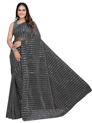 miracletex Applique Bollywood Net Saree(Dark Blue)