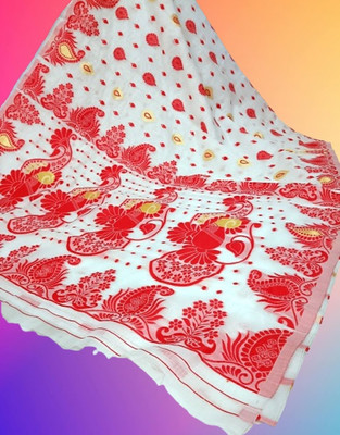 Kanokanjoli Printed Jamdani Handloom Cotton Blend Saree(Red, White)