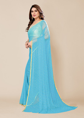 Prutha Fashions Printed, Embellished Bollywood Chiffon Saree(Blue)
