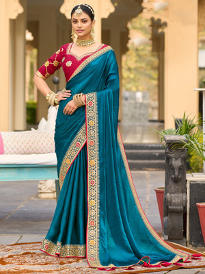 Tasrika Embellished Bollywood Satin Saree(Blue)