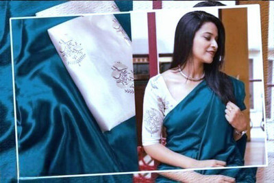 Arpita Fashion Color Block, Solid/Plain Bollywood Satin Saree(Blue)