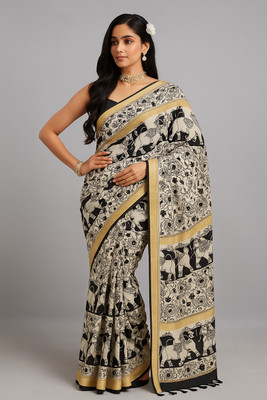 SIRINIKAA FASHIONS Printed, Animal Print, Floral Print Kalamkari Cotton Linen Saree(Beige, Black, Gold)