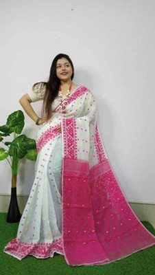 Krishneshwari Self Design, Woven Jamdani Pure Cotton Saree(Pink, White)