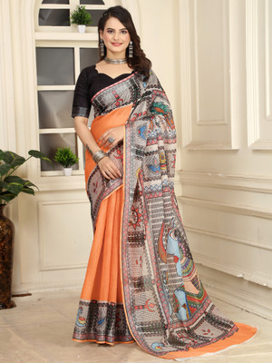 Anouk Rustic Printed Baluchari Cotton Linen Saree(Orange)