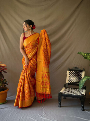 SGF11 Self Design Handloom Silk Blend Saree(Yellow)