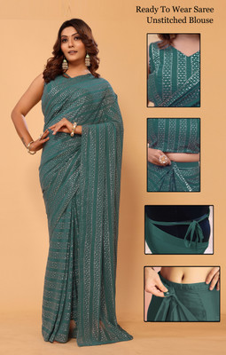 CHHELAJI Solid/Plain, Embellished Bollywood Georgette Saree(Green)
