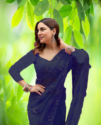 Mactos Embroidered Bollywood Net Saree(Dark Blue)
