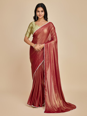 Vijatree Solid/Plain Bollywood Lycra Blend Saree(Maroon)