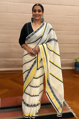 FEMORI Printed Bollywood Cotton Linen Saree(Cream)