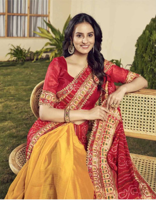 SDGRATITUDE Printed, Self Design, Solid/Plain, Dyed Bandhani Chiffon Saree(Yellow)