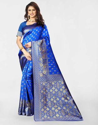 Anmi Woven Banarasi Jacquard, Silk Blend Saree(Dark Blue, Gold)