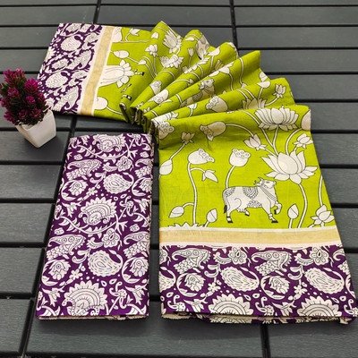 JASU CREATION Animal Print, Printed Kalamkari Pure Cotton Saree(Green)